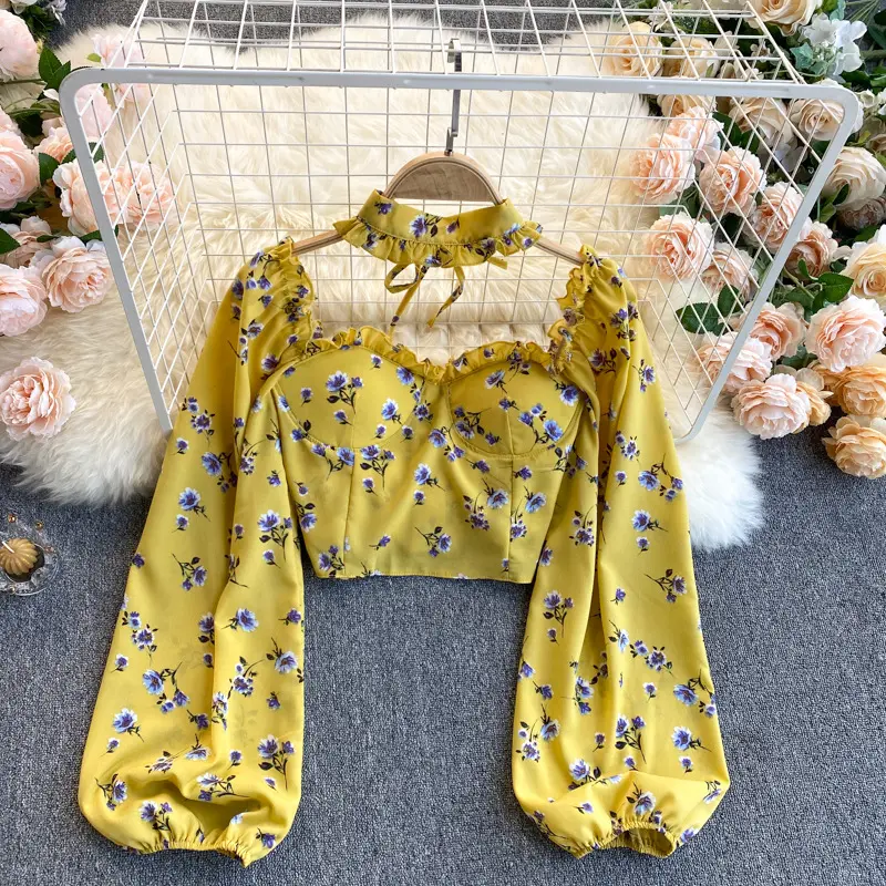 Kaus Wanita Lengan Pendek, Blus Wanita Sifon Dasi Leher Samping Motif Bunga Manis