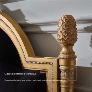 سرير مزدوج كلاسيكي فرنسي من القماش المخملي، سرير خشبي صلب منحوت بأسلوب عتيق لغرفة النوم الرئيسية، سرير بأسلوب أوروبي لغرفة النوم - Product Image 3