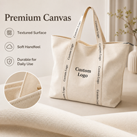 Tas Tote Kanvas Besar Custom Wanita dengan Resleting, Tas Selempang untuk Belanja, Kerja, dan Perjalanan, Tas Jinjing, Dapat Digunakan Kembali, Grosir, OEM, Label Pribadi