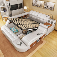 Juego de sofá cama King y Queen de cuero de lujo moderno, almacenamiento multifuncional, características de masaje, colchón doble, muebles de dormitorio