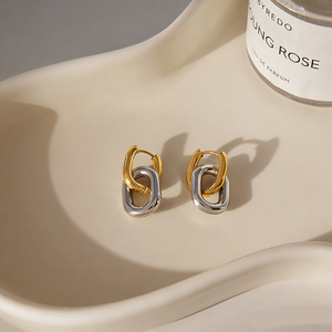 Stainless Steel Color <b>Blocked</b> Huggie Earrings Geometric U <b>Shape</b> Two Tone For Everyday Wear - Product Image 3