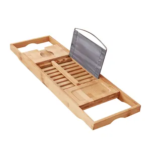 Bamboo Bathtub Caddy Bath Tub Tray with Extending Sides Built in Book Tablet Holder Cellphone Tray