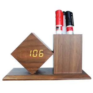 Clock Pen Holder China Factory Supply Office Gift Desk Wooden Pen Holder With Digital LED Clock