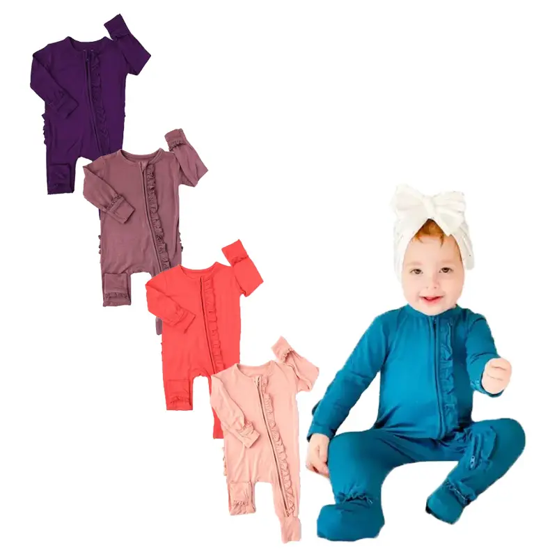 Girl Long Sleeves Ruffle Bamboo Rompers With Zipper Pajamas Wholesale