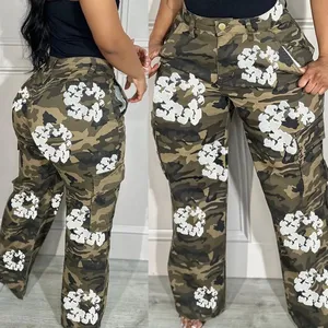 Spring 2024 new ladies casual camouflage printed cargo straight pants plus size loose trousers jeans for women