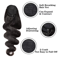 Extensions de queue de cheval Body Wave Remy, 100% cheveux humains brésiliens, noir naturel, ondulés, à clipser et avec cordon de serrage, 26 pouces