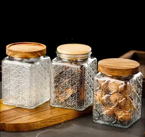 畅销透明方形复古压花密闭厨房食品香料容器瓶罐套装玻璃储物罐