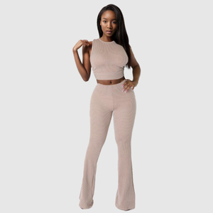 Price Flare Pants Womens <b>Sets</b> Wide Leg Pants Suit Sleeveless Crop Top <b>Knitted</b> Two Pieces <b>Set</b> Fashion - Product Image 3