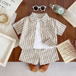 Ensemble 2 pièces chemise et short rayés en coton et lin pour tout-petits garçons – <span class=keywords><strong>Tenue</strong></span> décontractée respirante à revers pour l'été – Vêtements pour enfants en gros - Product Image 2