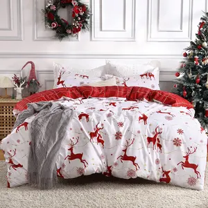 Comfortable Super Soft White Reversible Prints Bedding Set Festival Christmas Cotton Luxury Duvet Cover Set