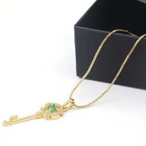 Fashion Women's 18K Gold Plated 925 Sterling Silver Necklace Diamond Emerald Key Pendant for Bridal Engagement Wedding Jewelry
