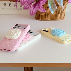 <span class=keywords><strong>Funda</strong></span> de silicona suave a prueba de golpes con soporte plegable de flor rosa 3D y puntos de polka para <span class=keywords><strong>iPhone</strong></span> 17 16 15 <span class=keywords><strong>14</strong></span> 13 Pro Max - Product Image 3