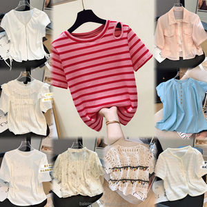 Camiseta Corta para Mujer, Estilo Ajustado de Alta Calidad con Cuello Holgado, Manga Corta, Decoración con Cuentas, Verano, Venta al Por Mayor, Talla Personalizada <span class=keywords><strong>XS</strong></span> - Product Image 4