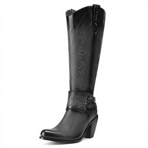 Western Cowboy Boots Retro Style <b>High</b> Tube <b>Knee</b>-<b>High</b> PU Upper Autumn Winter Casual Daily Wear Slip-On - Product Image 2