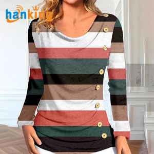 Hauts asymétriques à manches longues pour femmes col rond bouton décor froncé décontracté mélange de coton écologique imprimé par transfert de chaleur - Product Image 5