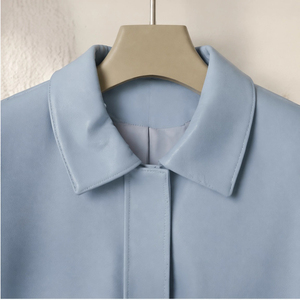 Veste <span class=keywords><strong>en</strong></span> cuir véritable bleu clair pour <span class=keywords><strong>femme</strong></span>, col rabattu, poche utilitaire, manteau court, vente chaude - Product Image 4