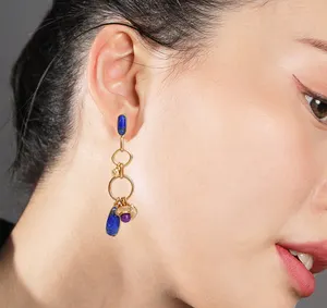 Boucles d'oreilles Boho bleues élément naturel pierre naturelle grappe de déclaration géométrique pour gland boucles d'oreilles femmes cadeau