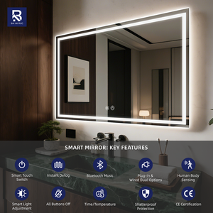 <span class=keywords><strong>Espejo</strong></span> <span class=keywords><strong>LED</strong></span> Inteligente Rectangular Multifuncional Personalizado sin Marco con Pantalla de Hora, Antivaho y Luz Regulable para Hogar y Hotel - Product Image 2