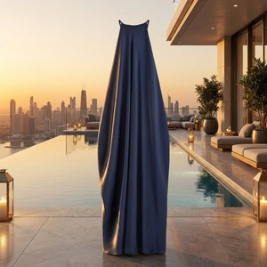Robe de soirée élégante et luxueuse bleu marine satiné, col halter, dos nu, sans manches, coupe fluide, style swing, personnalisable OEM ODM - Product Image 5