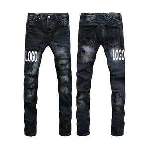 Fabricantes Guangzhou OEM, Parches de Cuero Resistentes, Diseño de Marca, Jeans de Mezclilla Ajustados para Hombre, Estilo Vintage, Elásticos y Desgastados - Product Image 1