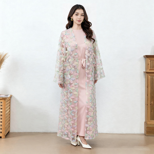 कस्टम पुष्प कढ़ाई खुला बाया सेट दुबाई कार्डिगन मुस्लिम महिलाओं लक्जरी थोक इस्लमिक फीता फूल - Product Image 2