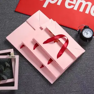 BTO custom new supplier grocery paper bag and box for clothing jewelry packaging pink paper thank you gift bags with logo print