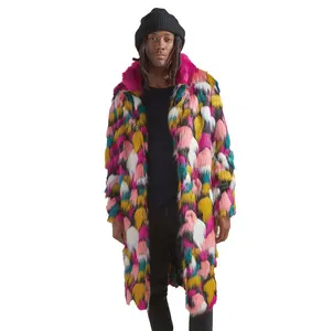레인보우 컬러 인조 모피 코트 커플 착용 겨울 따뜻한 두꺼운 후드 재킷 아우터 가짜 모피 모피 긴 소매 코트 남성용