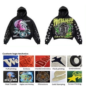 Sudadera con Capucha de Invierno para Hombre, Estilo Y2K, Tejida, de Gran Peso, con Estampado DTG, Lavado Vintage, Bajo sin Rematar, Fabricación OEM Personalizada - Product Image 4