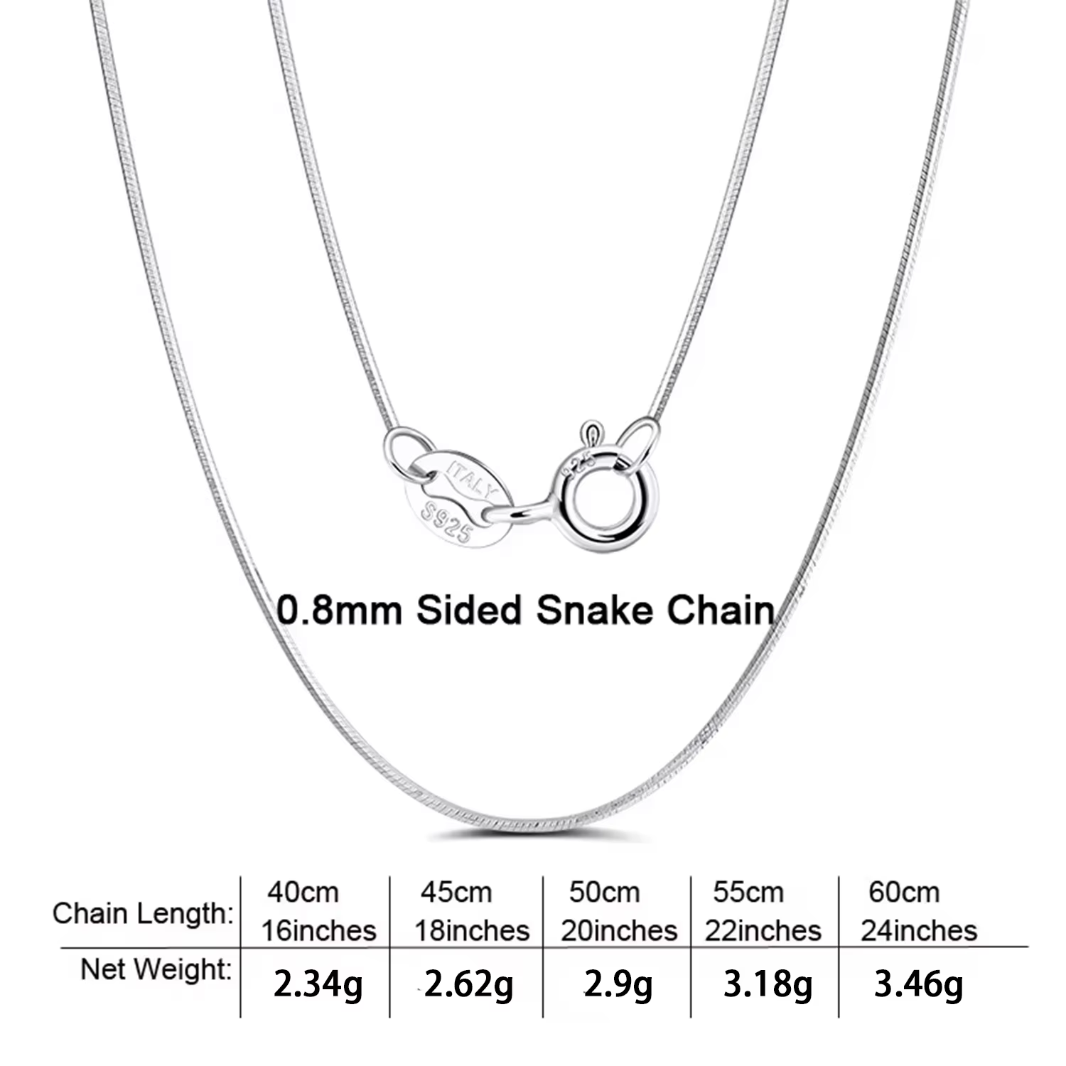 Catena laterale a serpente in argento da 0,8 mm