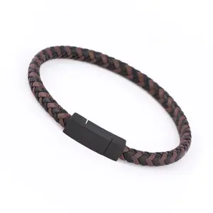 Genuine leather multi-layered jewelry stainless steel buckle black brown twist braided leather cord bracelet for men