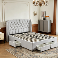 Lit double Queen Size en cuir blanc de style français avec tête de lit en tissu et tiroirs de rangement intégrés, idéal pour les villas et appartements