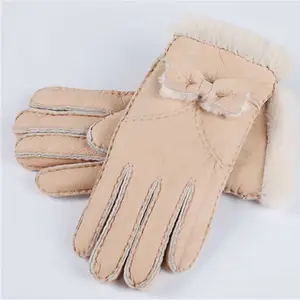 Luxury Genuine Leather Gloves with Fur Cuffs Red Gloves Leather Sheepskin Fox Fur Mittens For Women