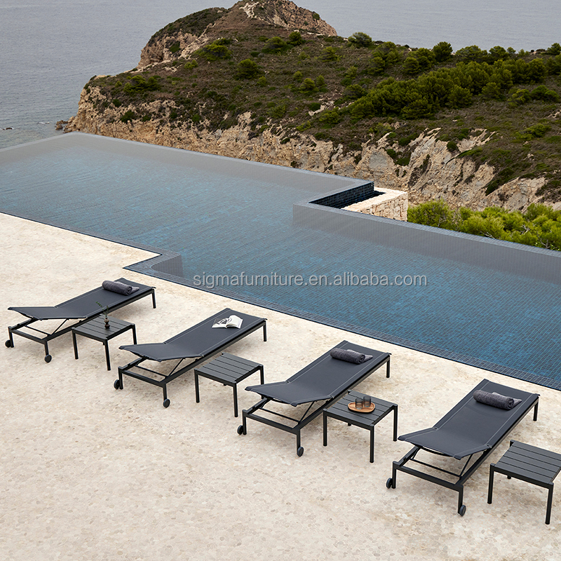 Factory Pool Home Resort Stackable Reclining Sunbed with Wheels Powder Coated Aluminium Structure Chaise Single