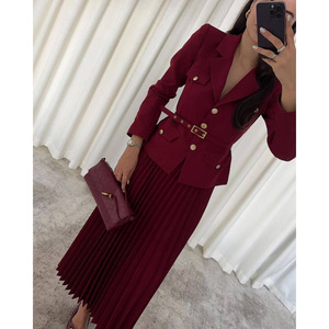 ファッションセット女性長袖新作無地ラペルブレザープレスプリーツスカート2ピースセット - Product Image 2