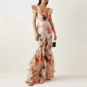 Vestido de noche con estampado floral, cuello en V, capa transparente, largo, sin mangas, para mujer - Product Image 5