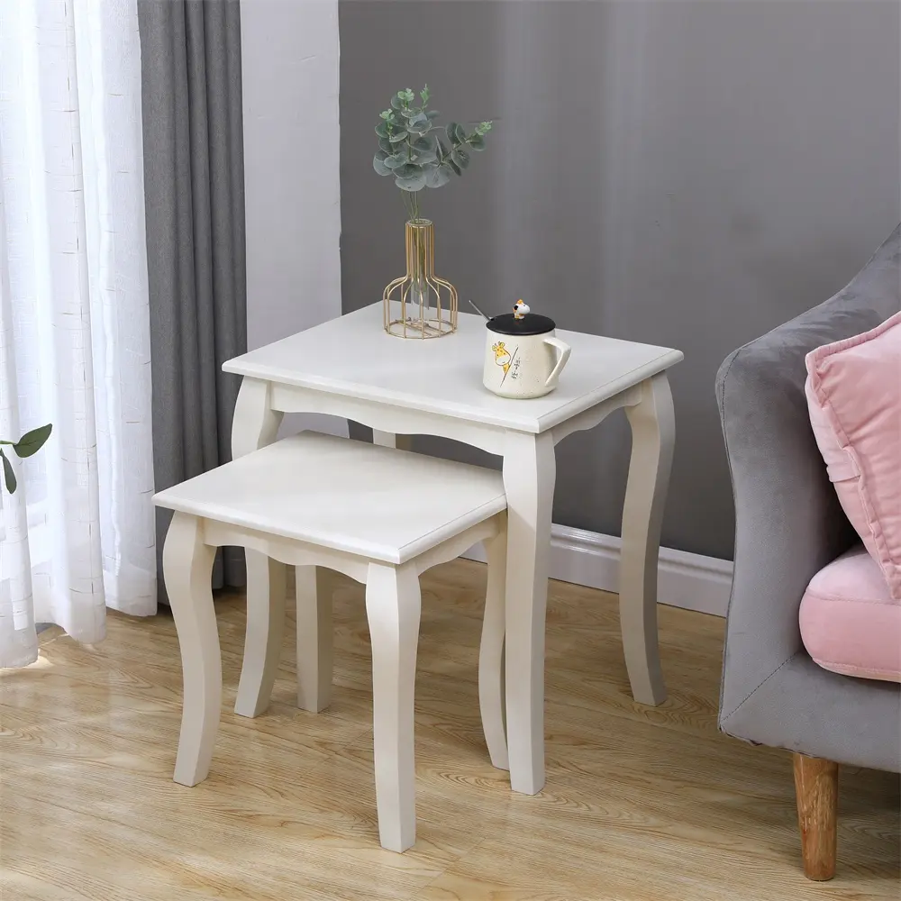 Nice moderno pequena pernas de madeira sólida, ninho de duas tabelas de café, lâmpada de madeira, conjunto branco