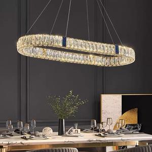 Lustres de luxe pour salon à LED avec anneau en cristal et pendentif en verre doré avec télécommande - Product Image 1
