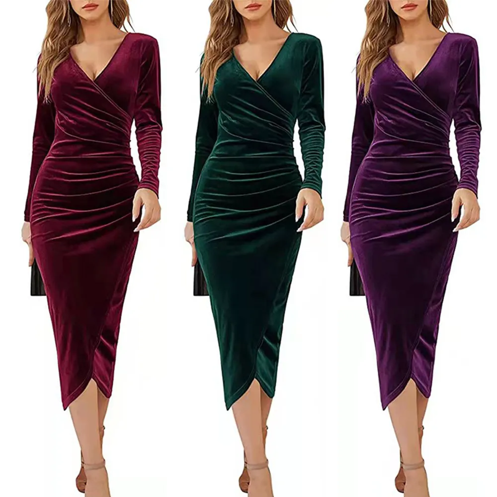 Women's Elegant Velvet Long Sleeve Wrap V Neck Ruched Bodycon Cocktail Party Maxi Dress