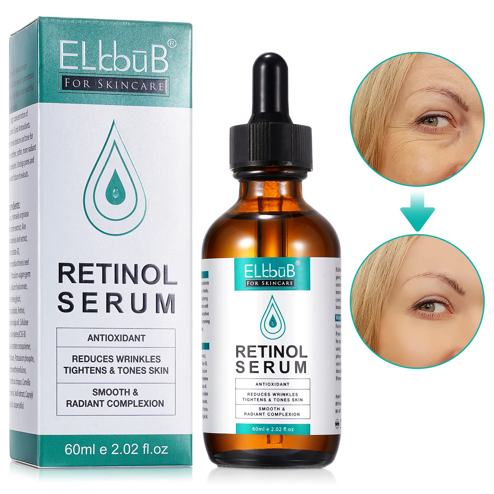 ELbbuB serum Wajah retinol biasa, label pribadi vitamin a memperbaiki tanda Jerawat Perawatan Kulit 60ml kerutan wajah anti Penuaan