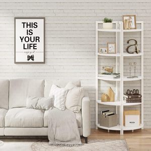<strong>White</strong> Oak <strong>Corner</strong> Shelf with 5 Tiers, Modern Frame Combining Wood and Metal. Tall Angular Unit Serves As <strong>Bookcase</strong> and Plant Stand - Product Image 6