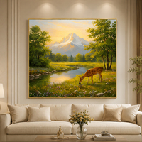 Peinture à l'huile peinte à la main : Paysage de montagne enneigée avec cerf au ruisseau, faon buvant de l'eau, lever de soleil doré, prairie fleurie - Art mural