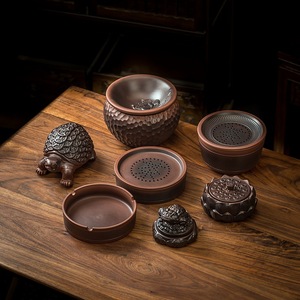 Paarse aardewerk theepot van hoge kwaliteit, theehuisdier, grote theeschotel, asbak, gouden geld-schildpad, draaiende gouden cicade, theereceptenpot - Product Image 1