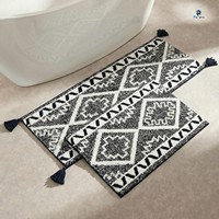 Black White Boho Geometric Tassel Bath Runner Mat Soft Plush Tufted Non Slip Water Absorbent Bathroom Rug