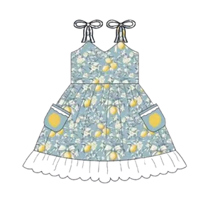 Vestido de Verano para Niña, Modelo GSD4031, Personalizado, con Estampado de Limones Verdes, Sin Mangas, Transpirable, Hasta la Rodilla, Venta al Por Mayor - Product Image 1