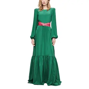 Benutzer definierte elegante Rundhals ausschnitt Hohe Taille Krawatte Taille Rüschen Seide Langarm Boden lange Damen Maxi Abendkleid