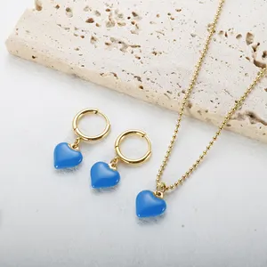 Jewelry 18k Gold Plated Stainless Steel Set Colorful Enamel Hoop Earring Heart Pendant Bead Chain Necklace For Women