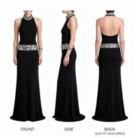 Robe de soirée formelle pour femme, col halter, col haut, richement ornée de perles et de sequins, sans manches, coupe ajustée, longueur maxi
