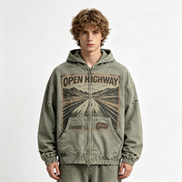 Sweat à capuche zippé délavé soleil avec imprimé graphique OPEN HIGHWAY, effet vintage, streetwear, en coton épais vieilli, pour homme