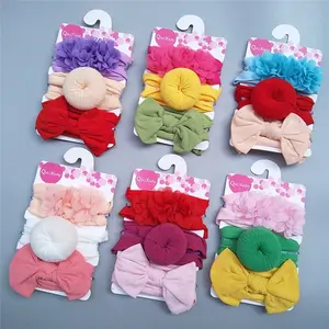 Nova 3 pçs/lote Moda Nylon Bow Headband Recém-nascidos Do Bebê Bowknot Rodada Bola Flor Headwrap Turbante Crianças Meninas Faixas de Cabelo Presente conjunto