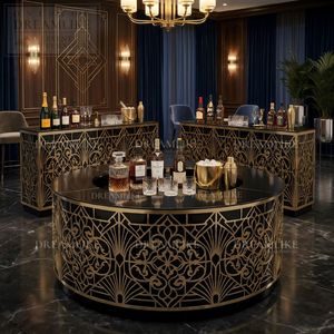 Elegante Bancone Circolare Ornato con Struttura <span class=keywords><strong>in</strong></span> Metallo Dorato e Superficie <span class=keywords><strong>in</strong></span> Vetro per Noleggio Arredamento Commerciale - Product Image 1
